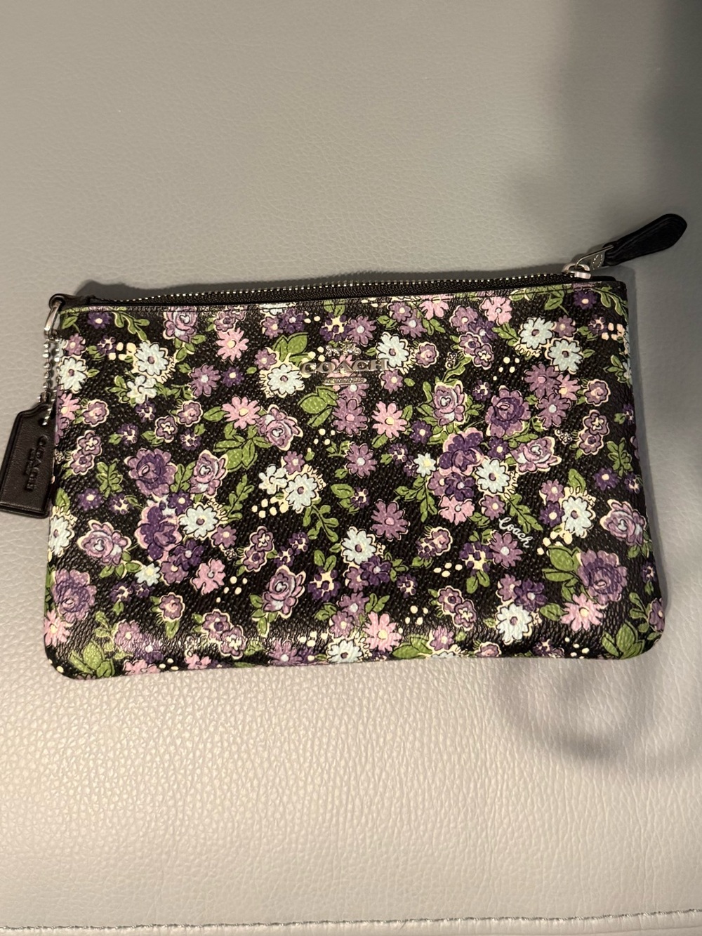 Coach Floral Zip Wristlet Pouch in Black & Purple
